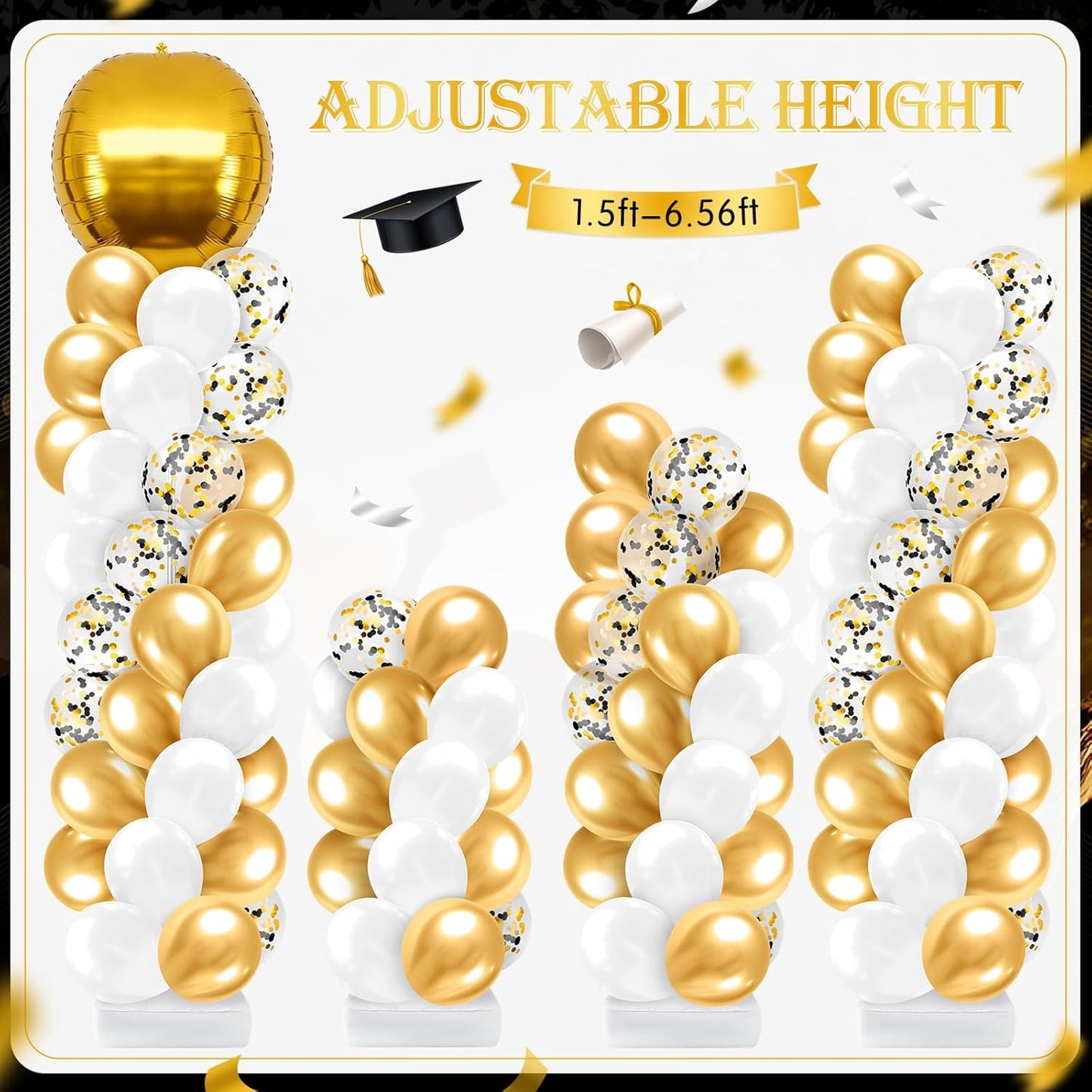 2 Sets Blue and Black White Graduation Balloon Column Stand Kit for Class of 2026, Adjustable Floor Balloon Arch Tower with Foil & Latex Balloons, DIY Decor for Grad Ceremony Backdrop
