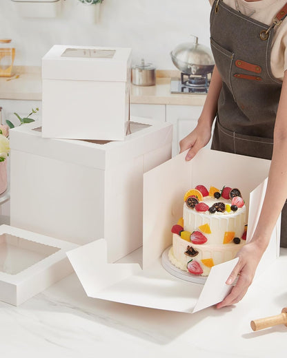 Kootek Cake Box with Board Drum, 10x10x10 Inches Tall Bakery Box with Window, Disposable Cake Container with Lid for Multi-Layer Cake, Decorating, Wedding, Birthday, Party