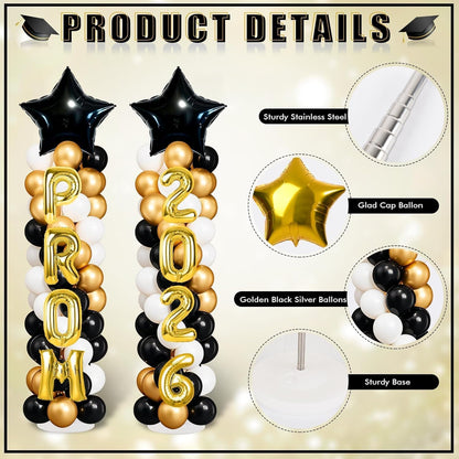 2 Sets Graduation Balloon Column Stand Kits with Balloons 2026 Grad Themed Decoration Navy Blue Balloon Tower Stand Kit for Grad High School & College Celebration Party Decor