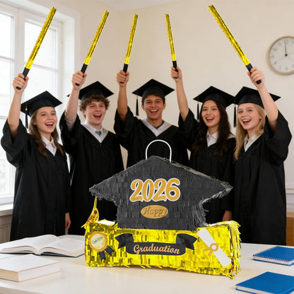 2026 Graduation Piñata with Stick,Blindfold,Confetti - 15.8 Inch Congrats Grad Cap Piñata Yellow End of Year Piñata Party Decoration for Kindergarten School Elementary College Games (Style 2)