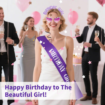 3Pcs Birthday Girl Sash Headband Set-Birthday Sash Tiara and Crown Sunglasses for Girls Women