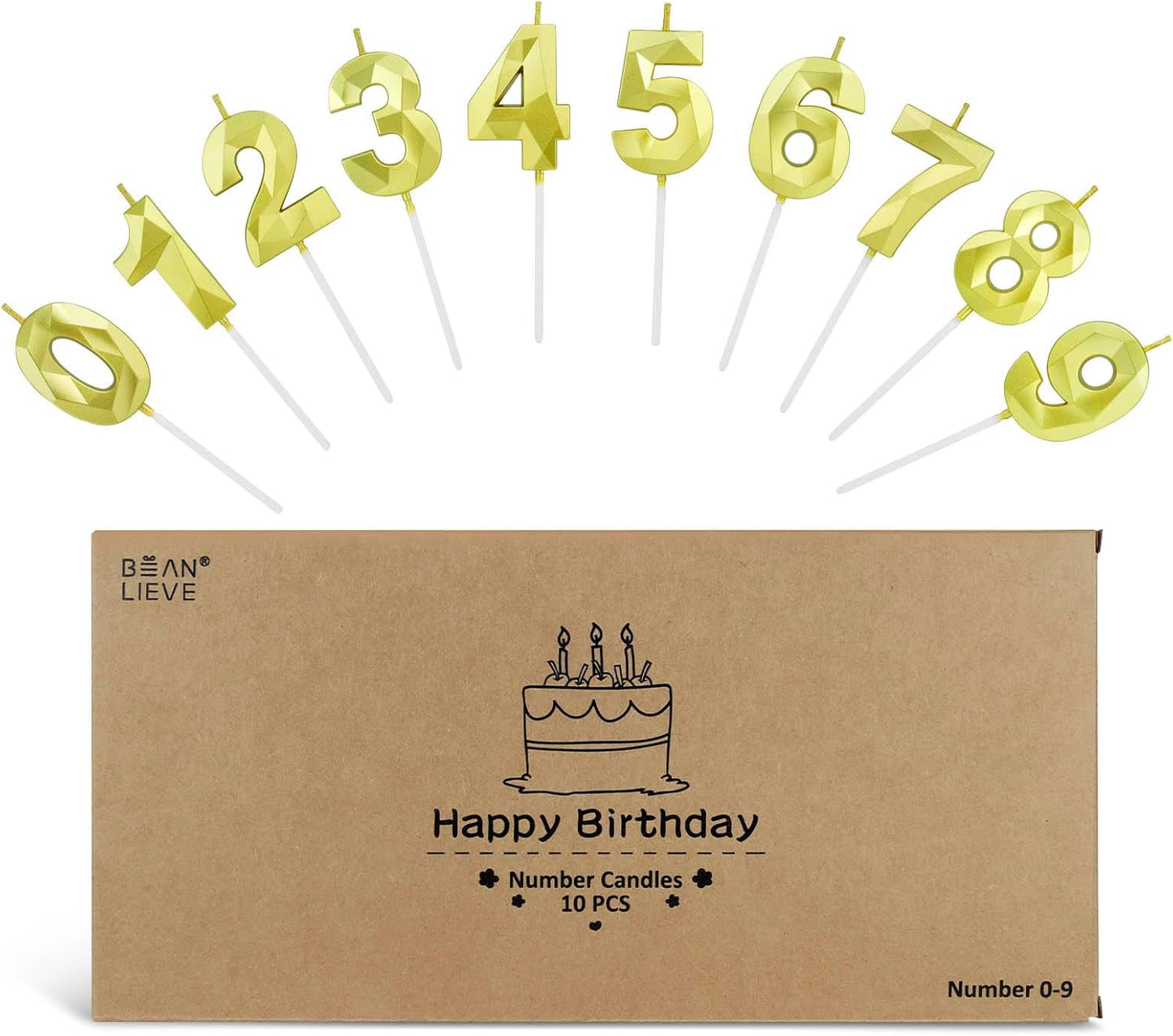 BEAN LIEVE Number Candles 0-9 Set - 10-Pack Diamond-Cut Birthday Candles, Cake Candles - Bulk Cake Decor for 1st-98th Birthdays, Photos, Parties - Kids Women Family Celebrations (Champagne Gold)