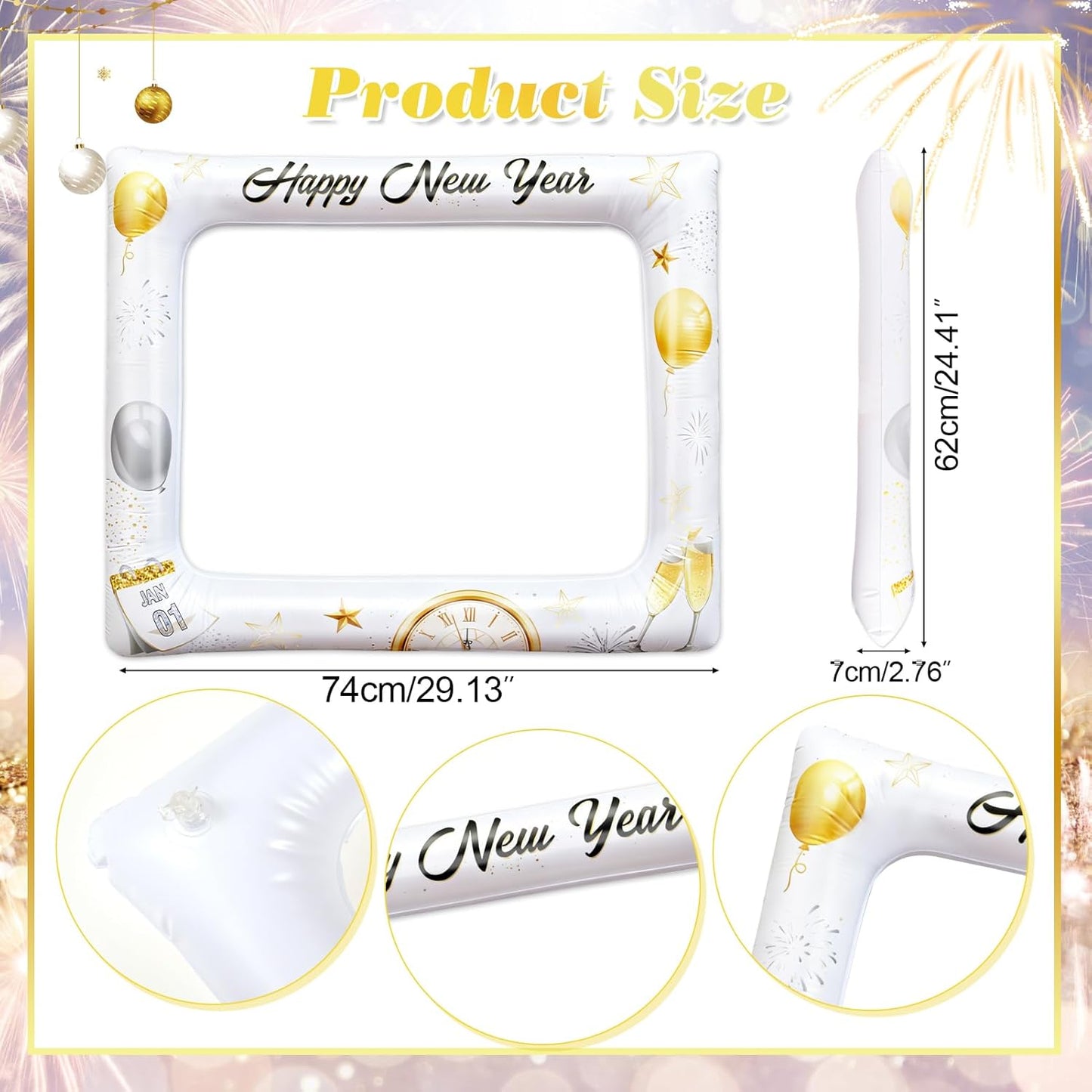 HOWAF 29PCS White Gold Happy New Year Photo Booth Props with Photo Frame,2026 New Year Decoration Selfie Props, Gold Glitter Photos Prop Kit for NYE Party, 2026 NYE Cheers Selfie Prop Kit