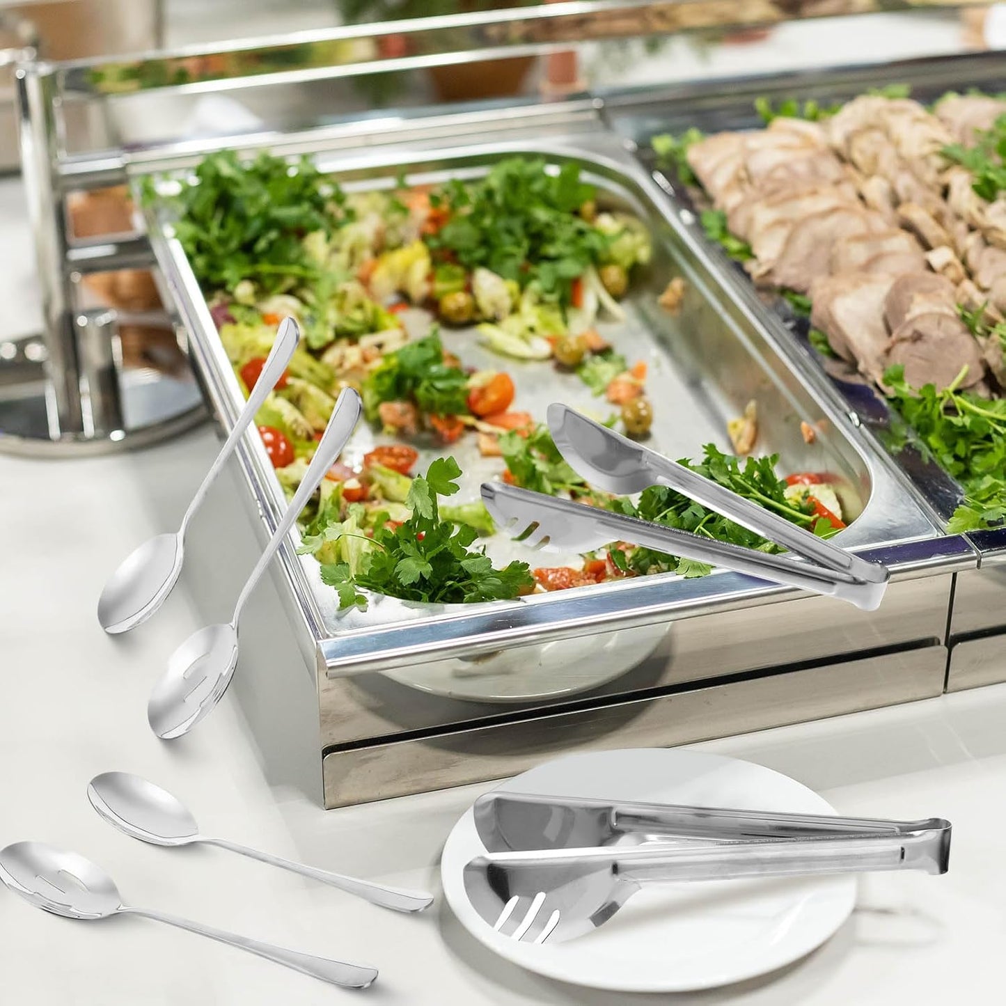 Sabary 36 Pcs Stainless Steel Serving Utensils for Buffet Parties Including 12 Serving Spoons 12 Slotted Spoons 12 Serving Tongs Large Metal Flatware Set for Tanksgiving Catering Banquet(Gold)