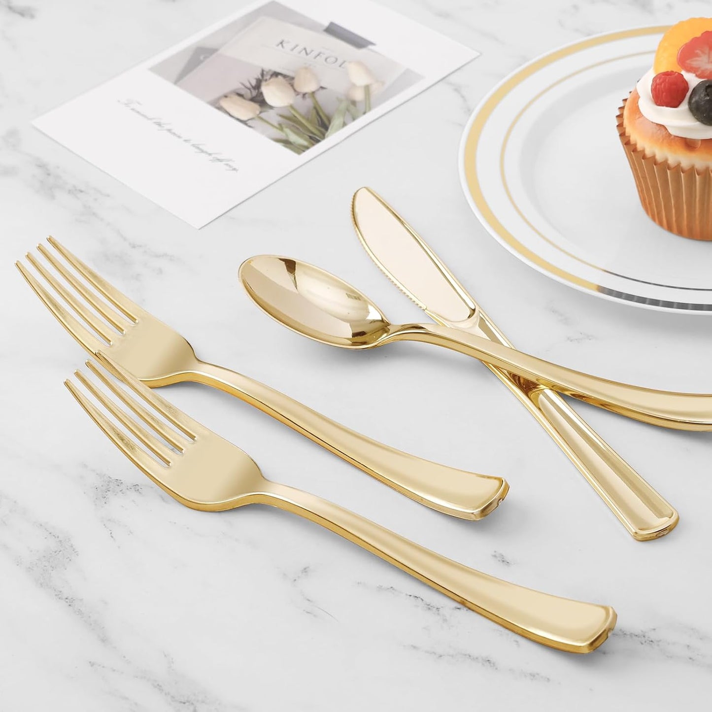 BESTVIP 60PCS Gold Plastic Silverware, Disposable Utensils, Heavy Duty Cutlery Set of 30 Forks, 15 Spoons, 15 Knives for Party, Christmas, Wedding, Catering and Daily Use