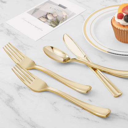 BESTVIP 60PCS Gold Plastic Silverware, Disposable Utensils, Heavy Duty Cutlery Set of 30 Forks, 15 Spoons, 15 Knives for Party, Christmas, Wedding, Catering and Daily Use