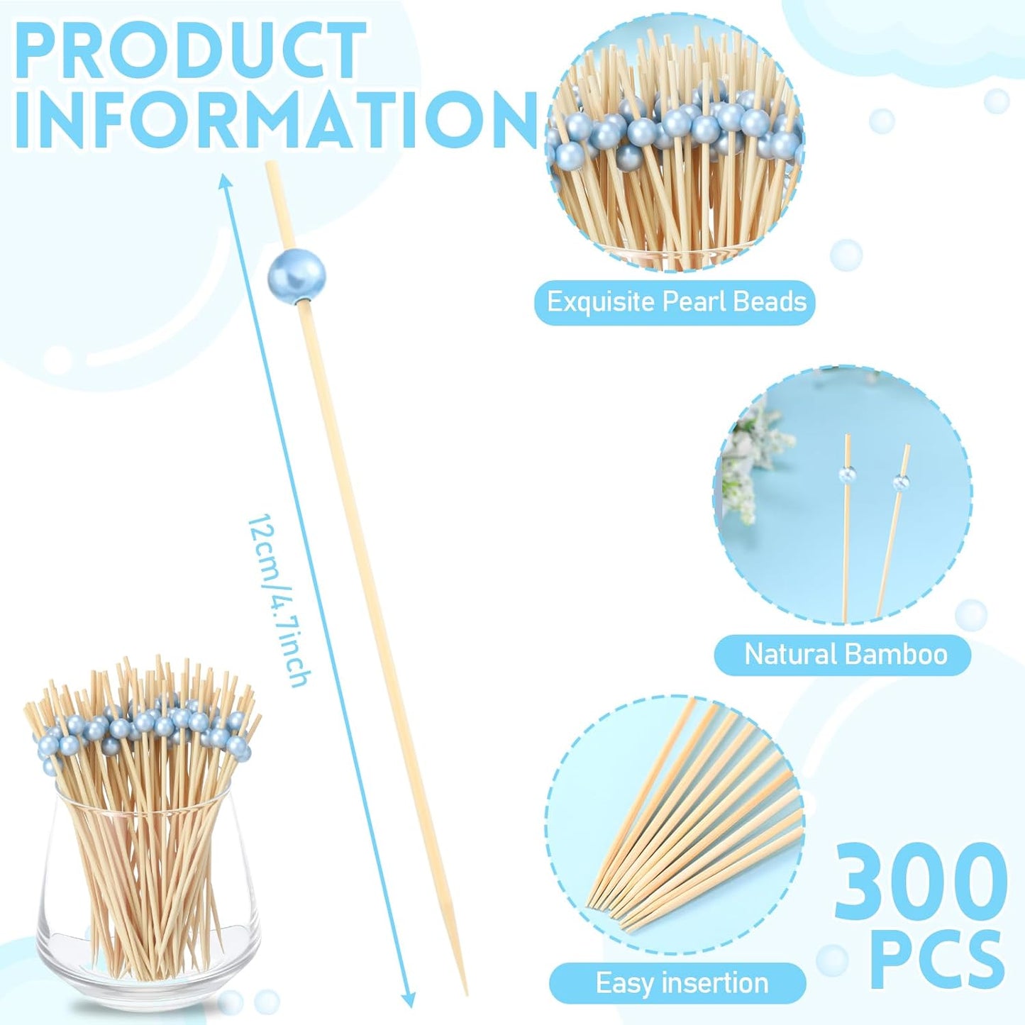 Reallnaive 600 Pcs Cocktail Pick Pearl Fancy Toothpick for Appetizer 4.7 Inch Long Skewer for Drink Fruit Food Bamboo Stick Wedding Bridal Shower Decoration Charcuterie Accessories (White)