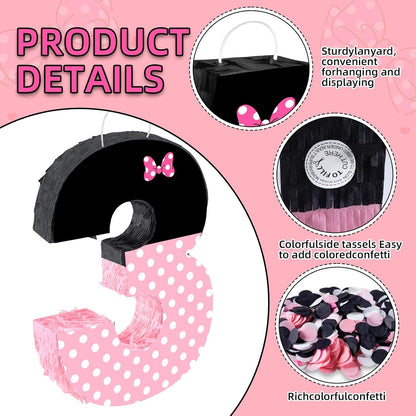 15.7 x 11.5 x 3 Inch Pink Bow Number 2 Pinata,Pink Bow Birthday Decorations, Fillable Hanging Piñata with Stick Blindfold Confetti for Girls Boys 2nd Anniversary Party Decorations