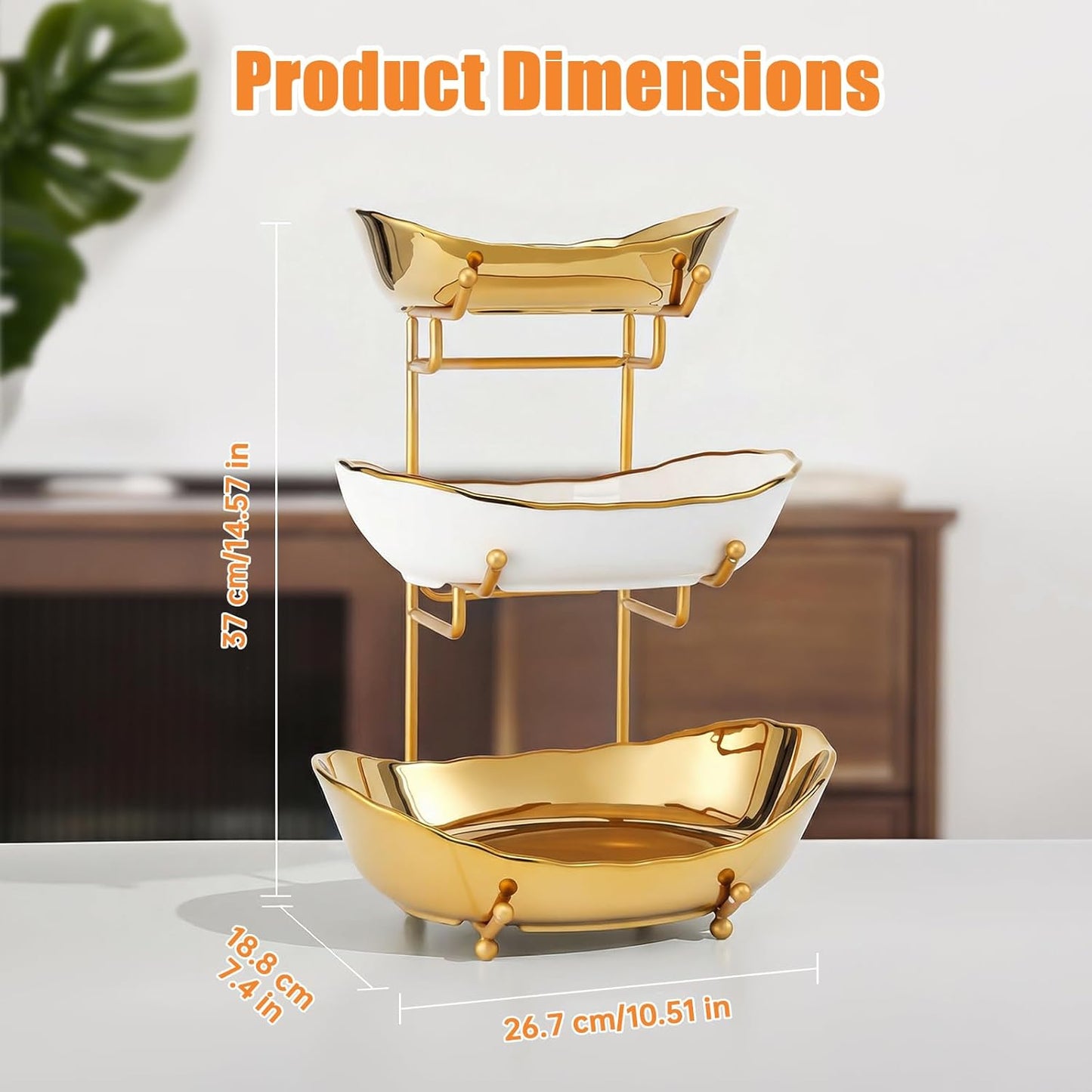 Ceramic Fruit Bowl for Kitchen Counter - 3 Tier Fruit Basket with Metal Stand, Tiered Fruit Stand for Countertop, Snack, Nuts, Cake, Dessert, Cute (Gold, Small) 1