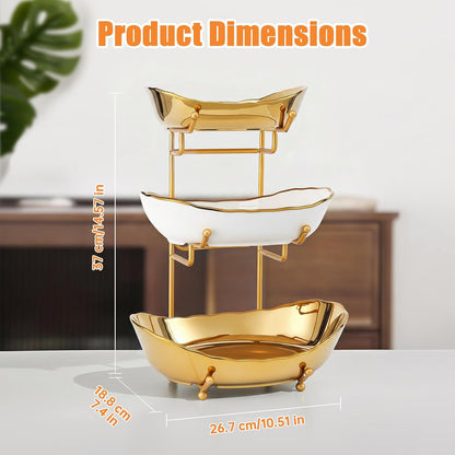 Ceramic Fruit Bowl for Kitchen Counter - 3 Tier Fruit Basket with Metal Stand, Tiered Fruit Stand for Countertop, Snack, Nuts, Cake, Dessert, Cute (Gold, Small) 1