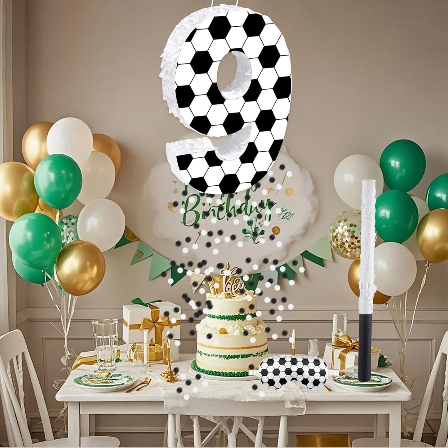 16Inch Soccer Ball Number 9 Piñata Includes Wooden Stick, Blindfold, and Confetti for for Kids 7th Anniversary Sport Themed Party Birthday Supplies