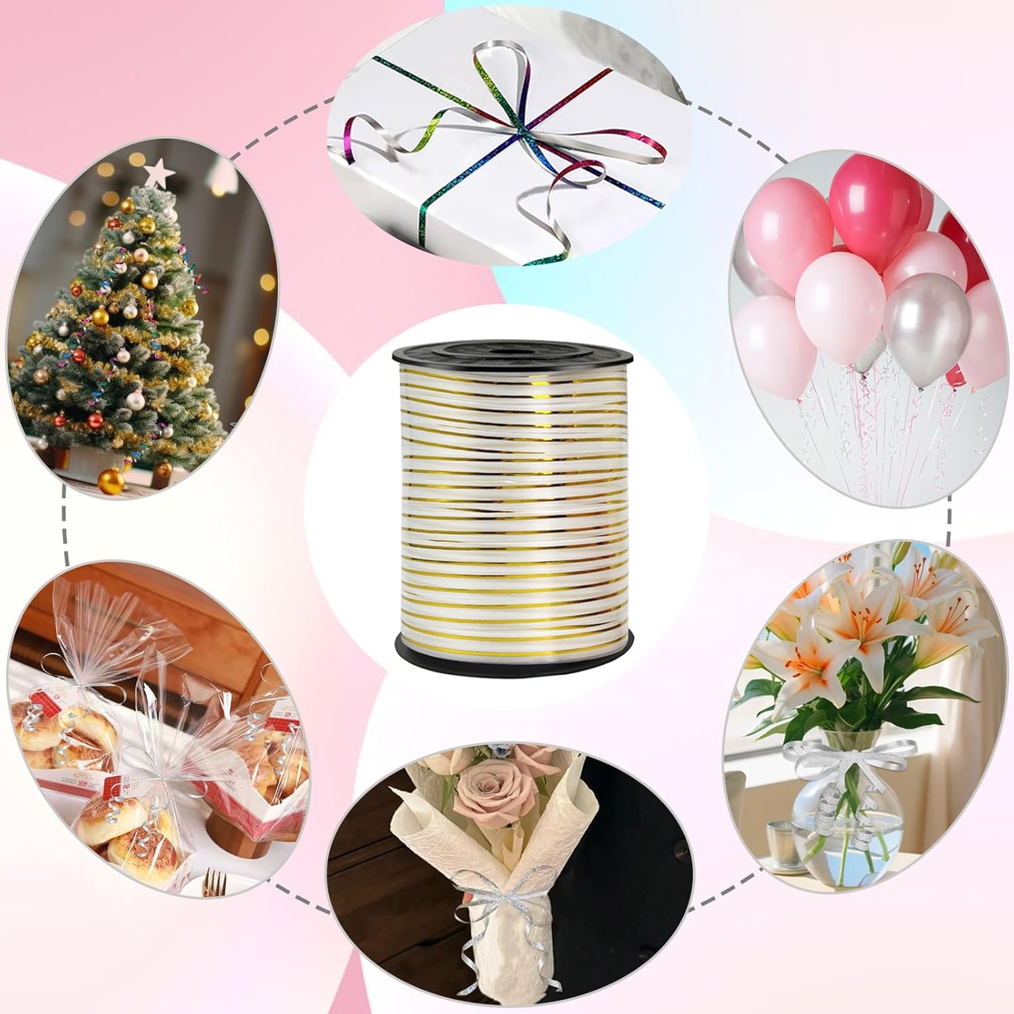219 Yards Ribbon-White Gold Rimmed Balloon Curling Ribbons Balloon String Balloon Ribbon for Gift Wrapping Curling Ribbon, for DIY Decor Ribbons， Wedding, Florist Flower,Party Decoration