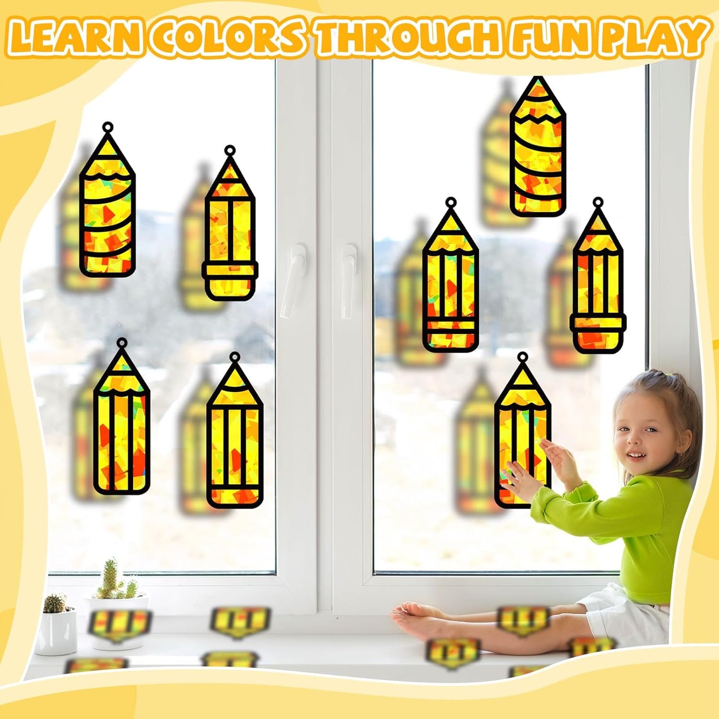 QOUBAI 32 Sets Stars Suncatchers Craft Back to School DIY Stained Glass Window Patriotic 4th of July Paper Craft Home School Classroom Decor Kid Birthday Gift Creative Art Activity Game - Colors B