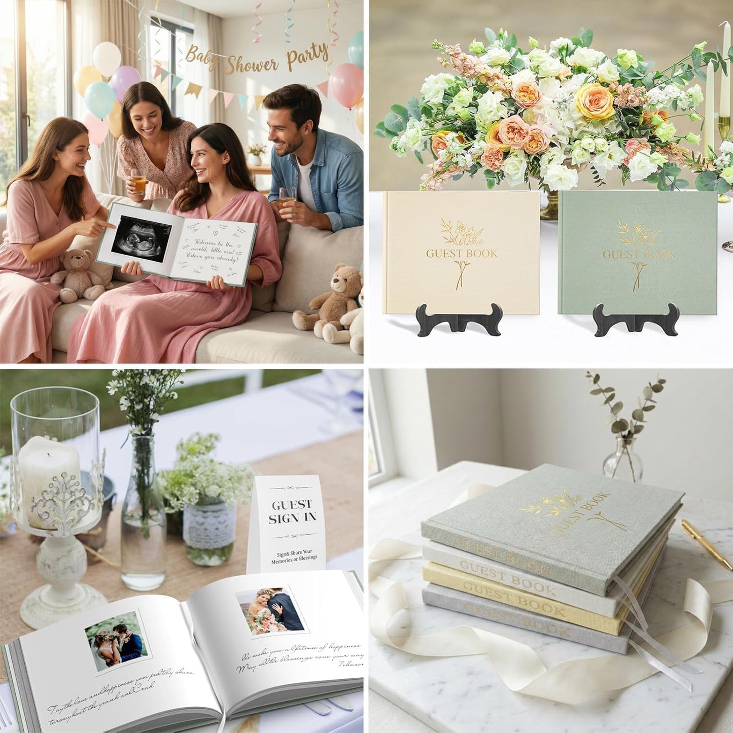 Wedding Guest Book for Memorial Service with 216 Photo Corners Stickers, Linen Guestbook to Sign at Bridal Shower or Wedding Reception Party,100 Pages, Blank Thick Paper Books for Baby Shower- Sage