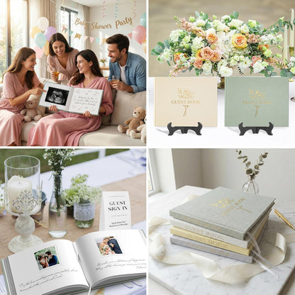 Wedding Guest Book for Memorial Service with 216 Photo Corners Stickers, Linen Guestbook to Sign at Bridal Shower or Wedding Reception Party,100 Pages, Blank Thick Paper Books for Baby Shower- Sage