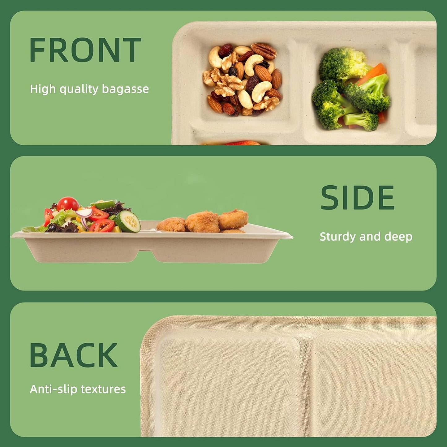 WELLIFE 100% Compostable 5 Compartment Paper Plates, 100 Pack Disposable School Lunch Trays Divided Plates for Adult Youth, 12.5 * 8.6 inch Heavy Duty Eco-Friendly Bagasse Plate for Buffet and Party