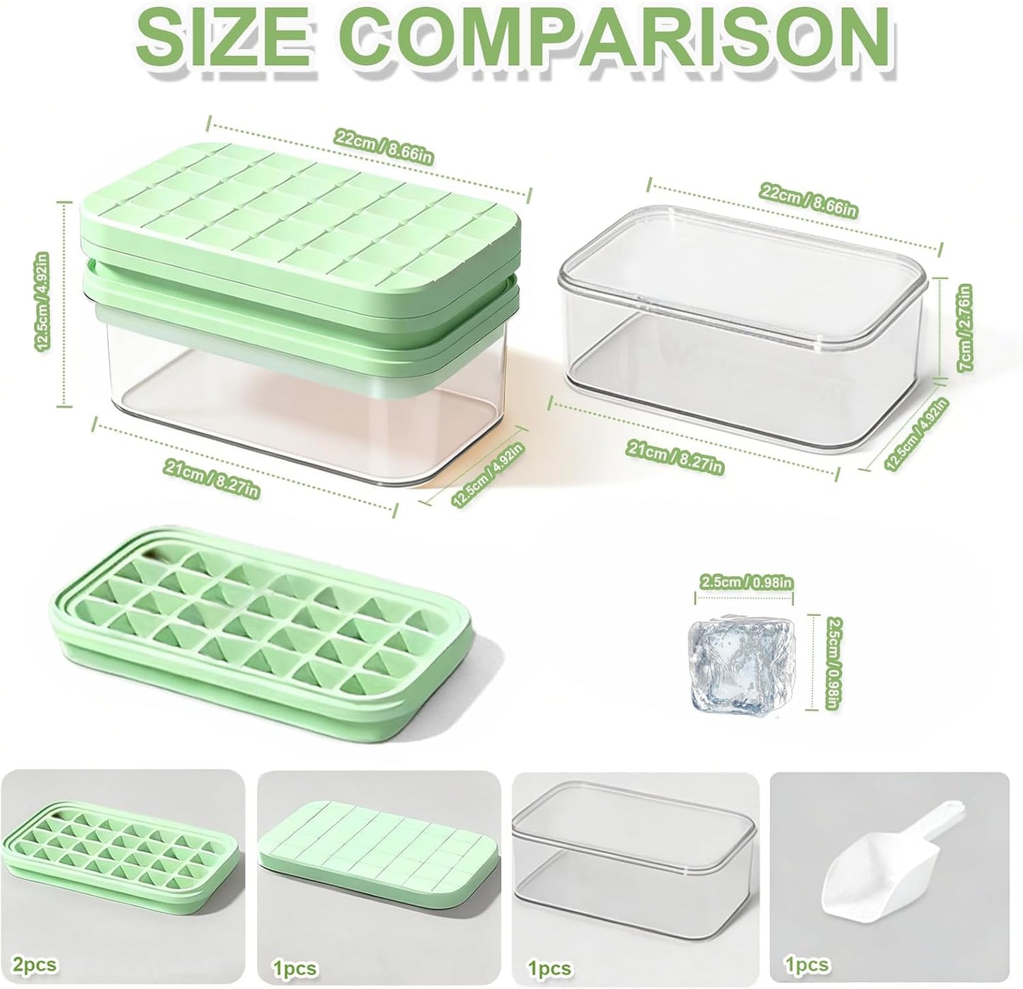 Compact Ice Cube Tray with Lid and Bin, Mini Press-Type Ice Cube Maker for Freezer, Space-Saving Small Ice Bucket with Tongs for RV, Office, Mini Ice Cube Trays & Water Bottles, BPA-Free (Green)