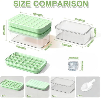 Compact Ice Cube Tray with Lid and Bin, Mini Press-Type Ice Cube Maker for Freezer, Space-Saving Small Ice Bucket with Tongs for RV, Office, Mini Ice Cube Trays & Water Bottles, BPA-Free (Green)