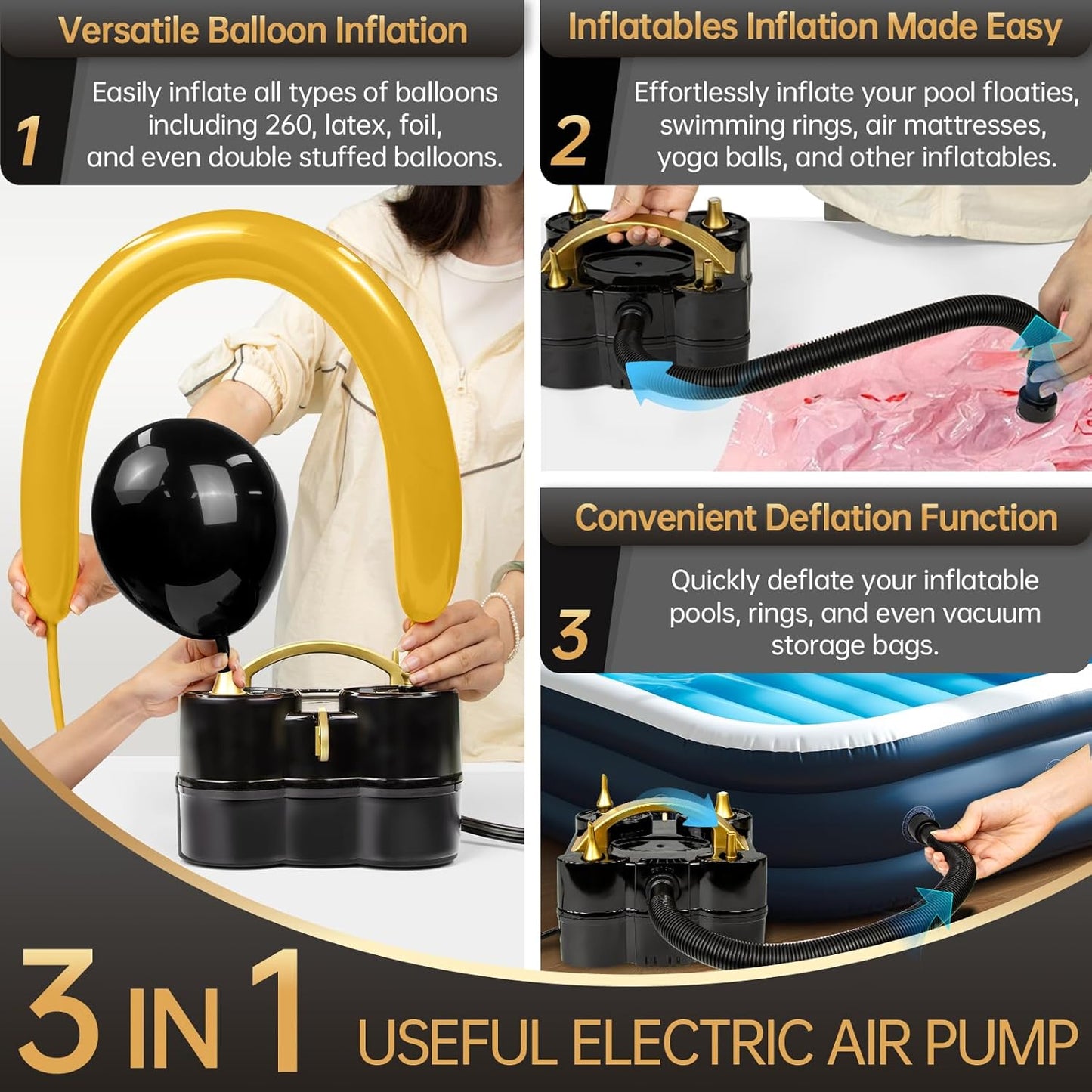 Bezente Balloon Pump Electric, 3-in-1 Portable Black Gold Electric Air Machine Balloon Pump Dual Nozzle Balloon Inflator for Inflatables and Latex 260q Foil Balloons