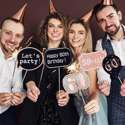32pcs 60th Birthday Photo Booth Props for Men Women, 60 Birthday Selfie Props Kit, Classic Black Gold Happy 60th Birthday Party Supplies, Cheers to 60 Years Old Bday Decor