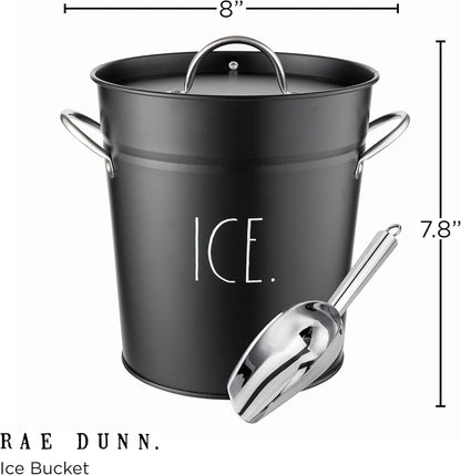Rae Dunn Ice Bucket with Scoop - Stainless Steel Bucket with Handle, Lid and Ice Scooper - 4 Qt. Storage Bin for Ice Cubes for Bars, Parties, Backyard Barbeques, Picnics, and Camping (Sage)