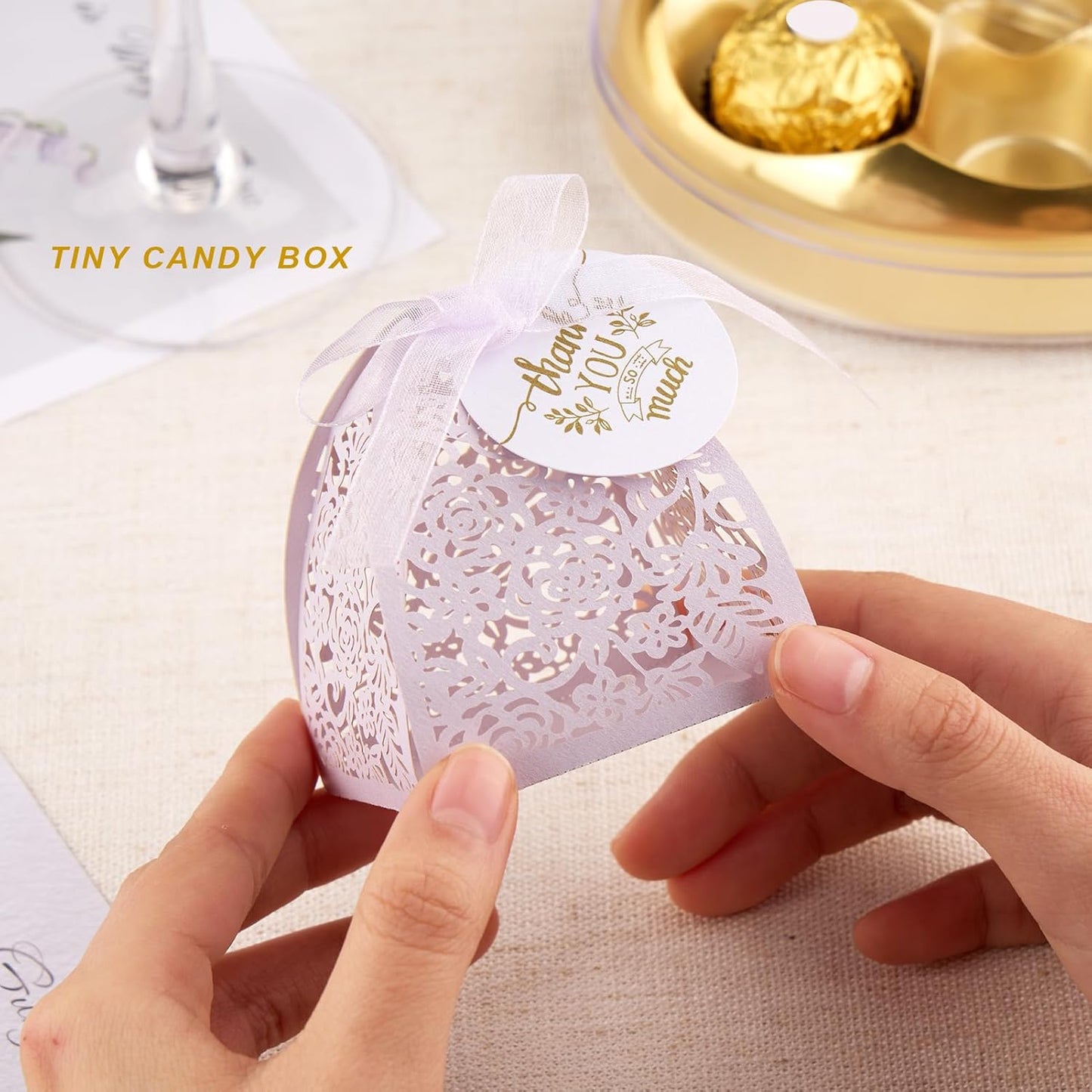 AdasBridal 50Pcs Small Gift Boxes for Party Favors, Laser Cut Candy Boxes Wedding Favor with Thank You Card Ribbons for Bridal Baby Shower Wedding Decorations (White, 2.36")