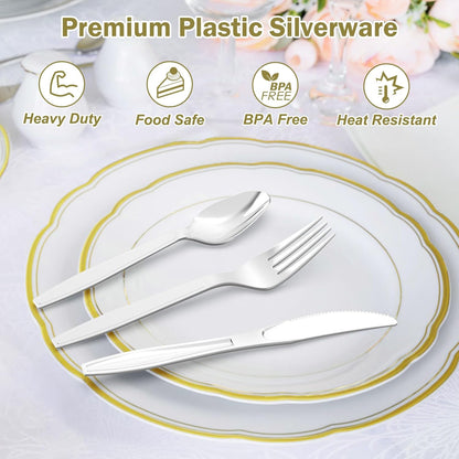 Dealusy 300 Count Extra Heavy Duty Clear Plastic Silverware, 100 Forks, 100 Spoons, 100 Knives, BPA-Free, Heat Resistant, Disposable Plastic Utensils Set, Plastic Cutlery Set, Plasticware Bulk