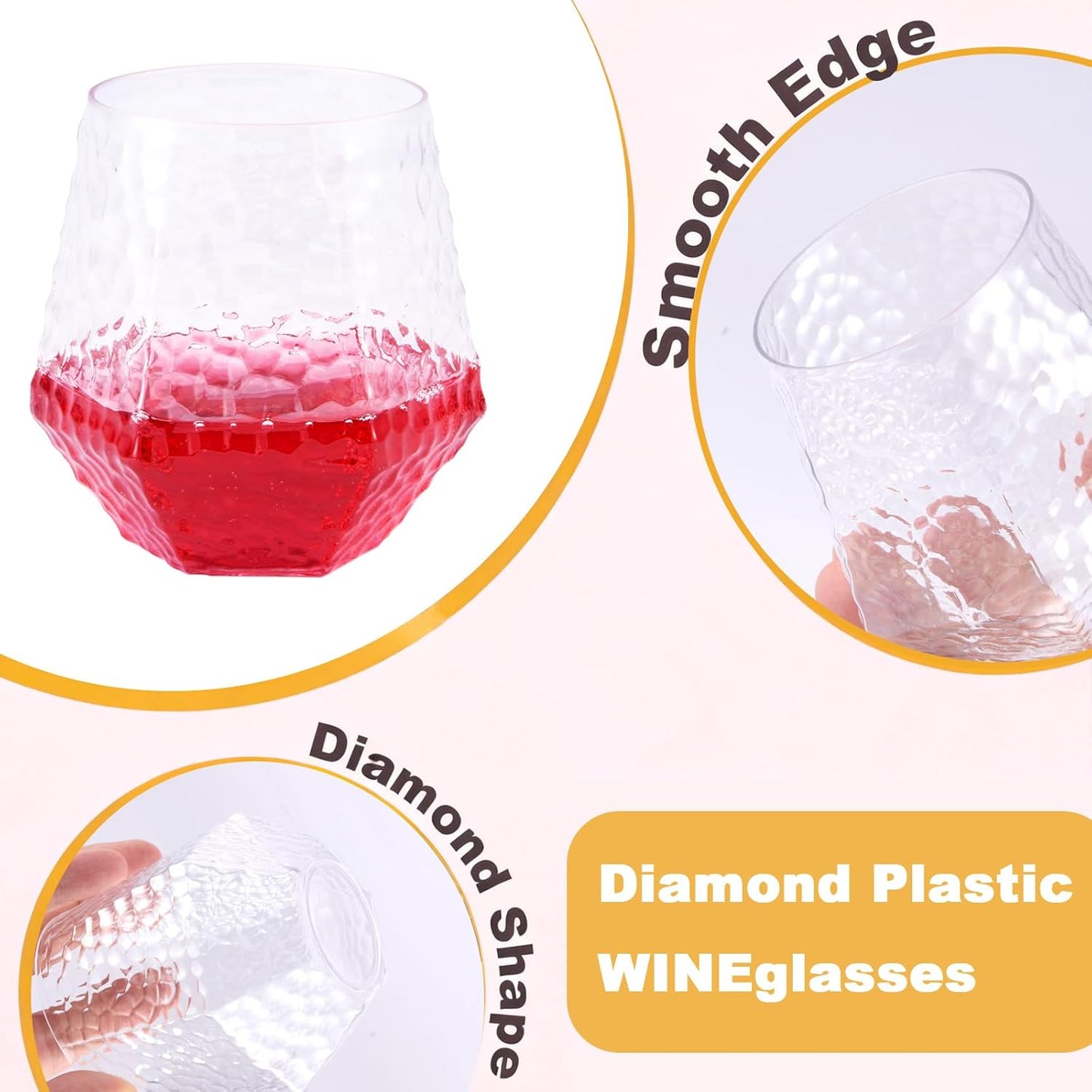 Goodluck 40 PCS Diamond Stemless Plastic Wine Whiskey Glasses, 12 Oz Disposable Cocktail Glasses, Suitable for Weddings, Birthday Parties, Family Gatherings, Bars, etc （Gold rimmed cups）