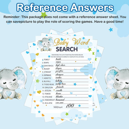 Yinder 145 Pcs Baby Shower Games Activities Cards with 20 Pencils Includes Baby Bingo Description and Wishes Guess Who Price is Right Word Scramble Game(Here Comes the Son)