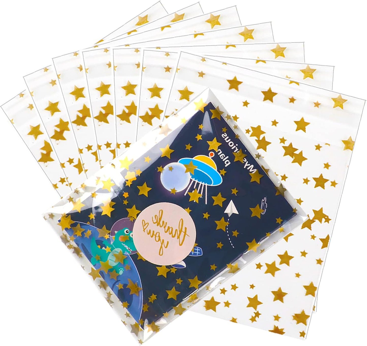100 Pcs Star Printed 5"X 7" Gift Wrap Cello Cellophane Treat Bags Party Favor bags Clear Candy Cookie Bag Plastic Poly Goodie Storage Bag with Twist Ties for Bakery,Birthday, Wedding ,Party Decorations (Gold)