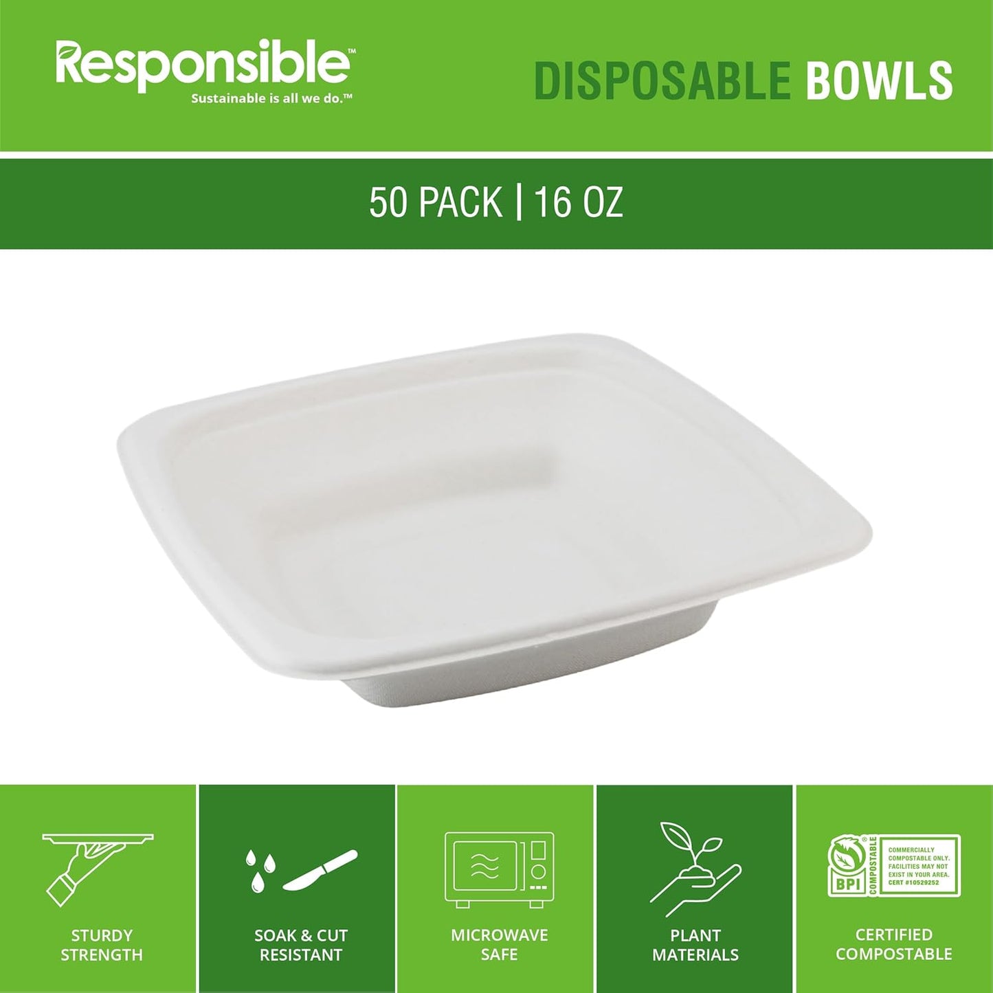 Responsible Products 100% Compostable Square Serving Bowls, 48 oz Disposable Paper Bowls, Microwave Safe, Freezer Safe, Soup Safe, No Plastic, Eco-Friendly, Tree-Free, No PFAS. White (50 Count)
