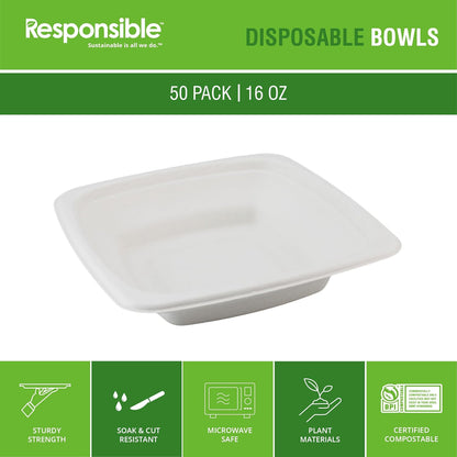 Responsible Products 100% Compostable Square Serving Bowls, 48 oz Disposable Paper Bowls, Microwave Safe, Freezer Safe, Soup Safe, No Plastic, Eco-Friendly, Tree-Free, No PFAS. White (50 Count)