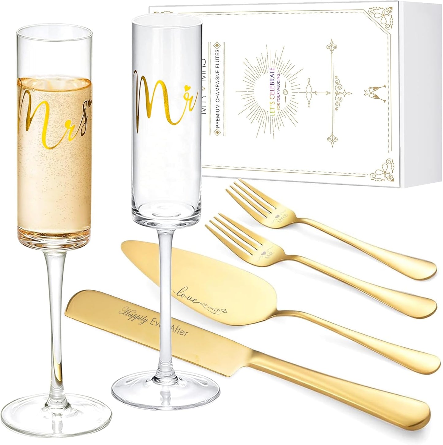 Wedding Cake Knife and Server Set, Mr and Mrs Champagne Flutes With Sliver Cake Cutting Set For Wedding Bridal Shower Gifts
