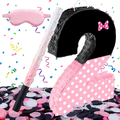 15.7 x 11.5 x 3 Inch Pink Bow Number 2 Pinata,Pink Bow Birthday Decorations, Fillable Hanging Piñata with Stick Blindfold Confetti for Girls Boys 2nd Anniversary Party Decorations