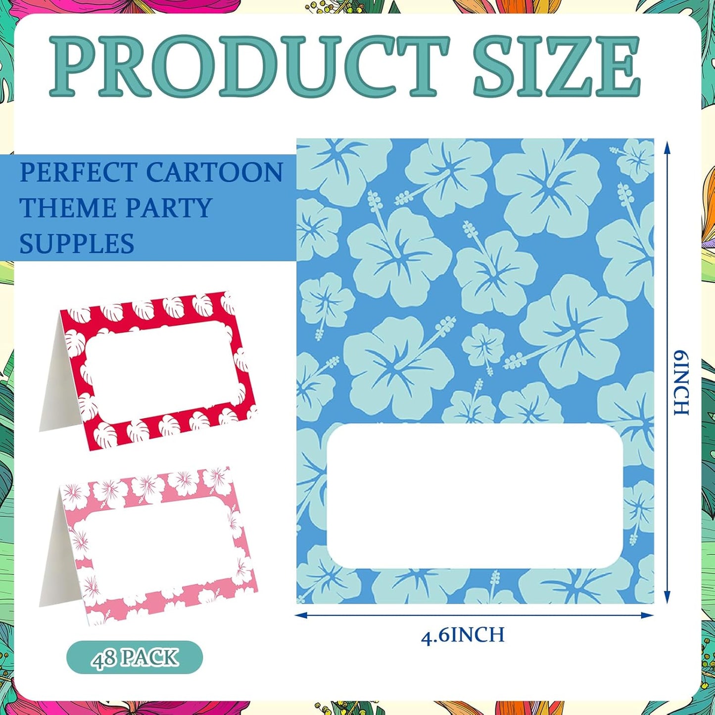 Jetec 48 Pcs Hawaiian Cartoon Place Cards Hawaii Hibiscus and Tropical Leaves Print Table Name Cards Tent Placards Buffet Food Label for Table Setting Hawaiian Themed Party Supplies