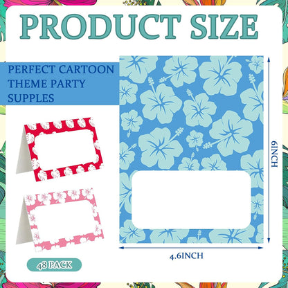 Jetec 48 Pcs Hawaiian Cartoon Place Cards Hawaii Hibiscus and Tropical Leaves Print Table Name Cards Tent Placards Buffet Food Label for Table Setting Hawaiian Themed Party Supplies