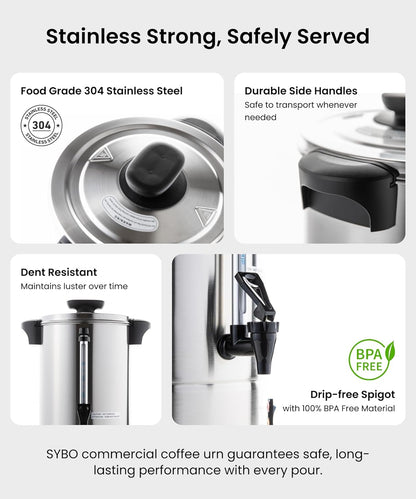 SYBO 6L Commercial Coffee Maker, Stainless Steel Coffee Urn With Cool-Touch Handles, Electric Coffee Pot Hot Beverage Dispenser, Quick-Brewing Coffee Urn, For Events,Party & Catering - 45 Cup