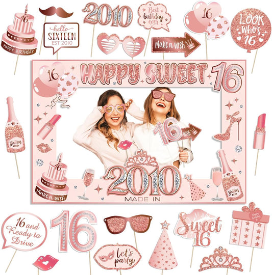 Sweet 16 Party Decorations for Girls, Sweet 16 Photo Booth Props Pink Rose Gold 16th Birthday Selfie Props with Photo Frame Kit Sweet Sixteen Happy Birthday Party Decorations Supplies Favors