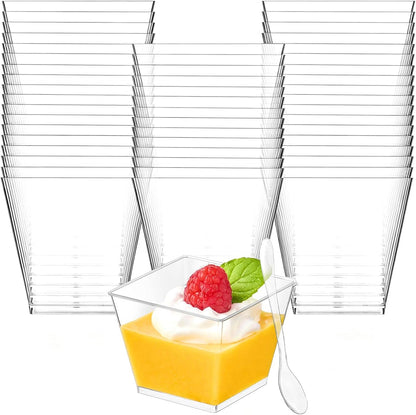 Zezzxu 3 oz Square Mini Dessert Cups with Spoons - 50 Pack Plastic Pudding & Parfait Cups Party Dessert Shooters for Serving Trifle Mousse Cake Appetizers
