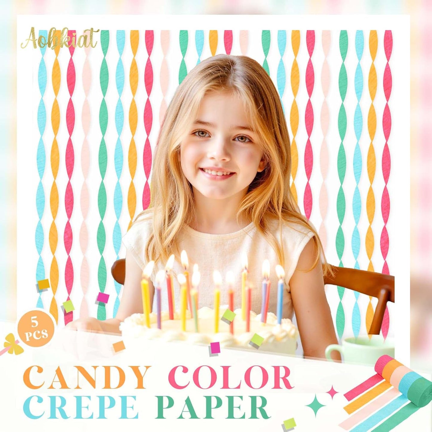 AOBKIAT Colorful Streamers Party Decorations,5 Rolls Vintage Rainbow Crepe Paper Streamers for Birthday,Candyland Theme Baby Shower,Fiesta,Wedding,Christmas,DIY Craft Crepe Paper,1.8 Inch x 82 Ft/Roll