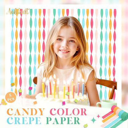 AOBKIAT Colorful Streamers Party Decorations,5 Rolls Vintage Rainbow Crepe Paper Streamers for Birthday,Candyland Theme Baby Shower,Fiesta,Wedding,Christmas,DIY Craft Crepe Paper,1.8 Inch x 82 Ft/Roll