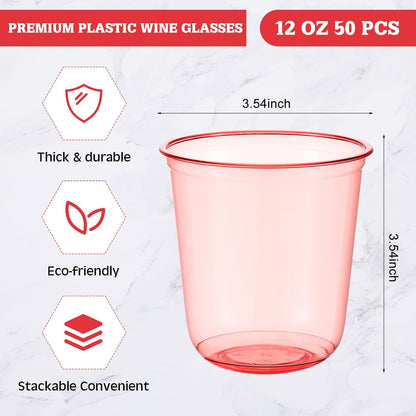 Ziliny 50 Pcs Disposable Stemless Glasses 12oz Crystal Plastic Wine Glasses Clear Classic Pet Cup for Meeting Weddings Birthdays Cocktail Christmas Party Supplies (Pink)