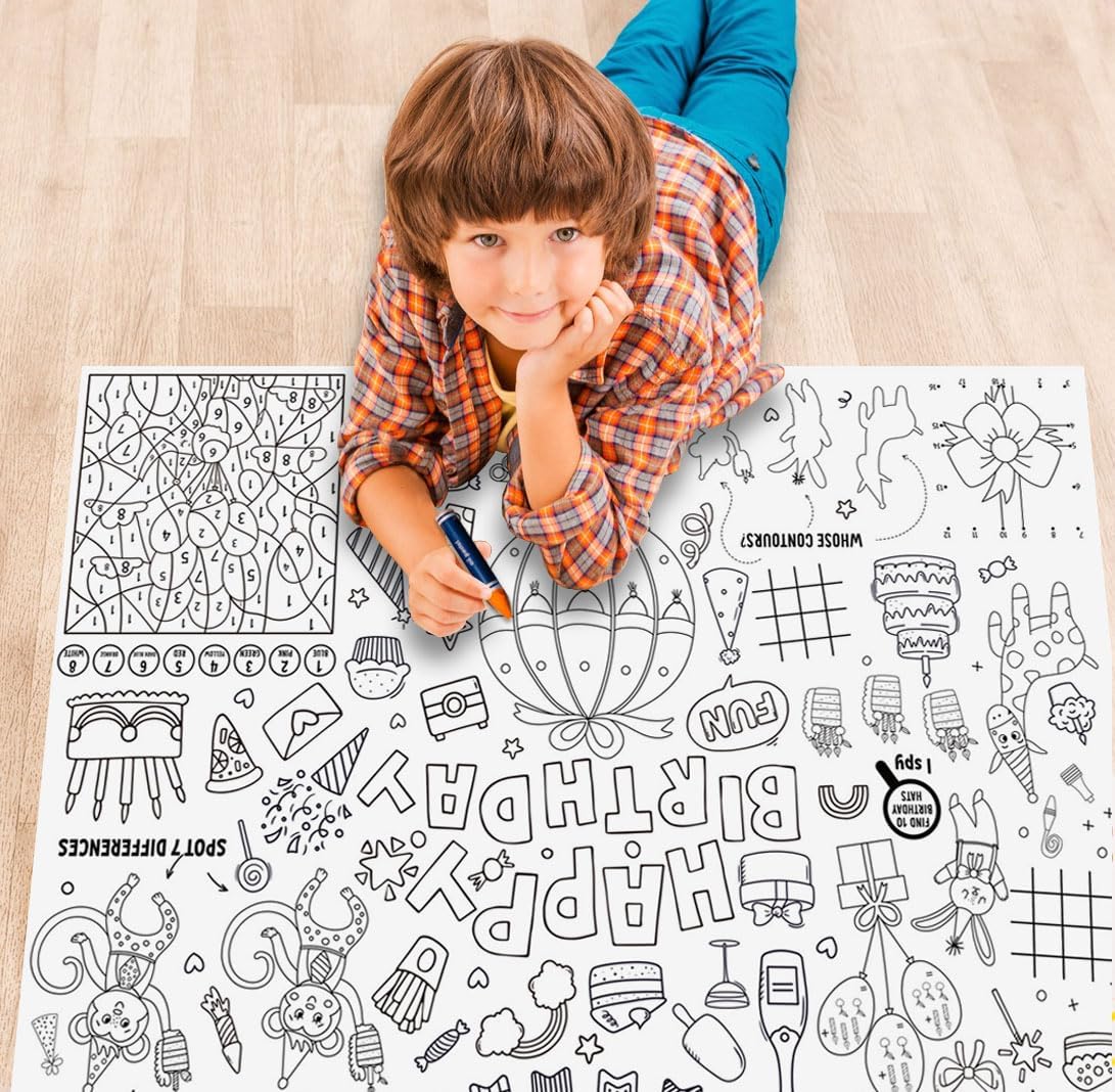 Happy Birthday Coloring Paper Tablecloth Poster 31 * 43" Wall Coloring Tablecloth Animals Drawing Paper Table Cover for Home Birthday Party Kindergarten Classroom Group Activities