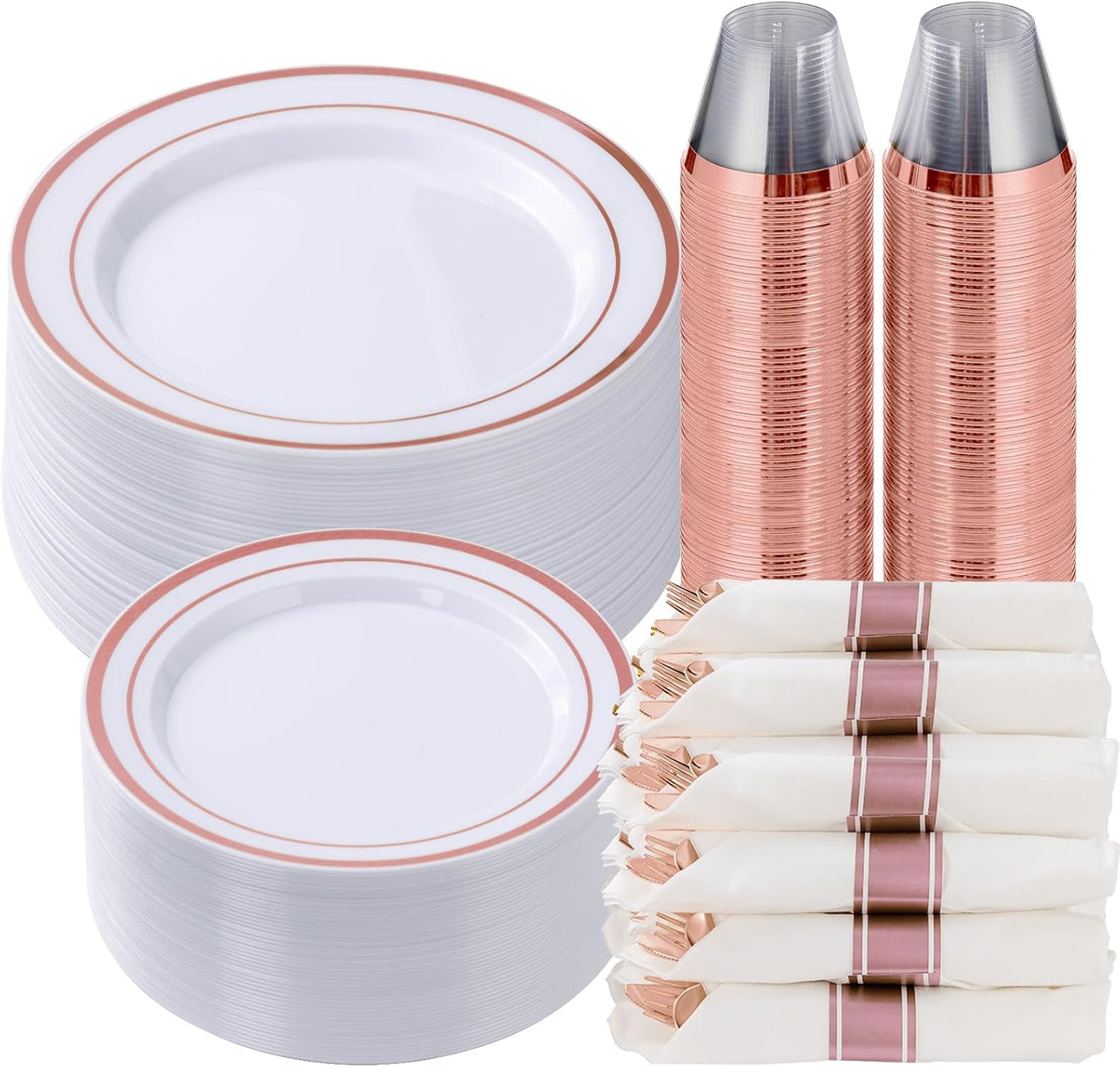 Goodluck 350 Piece Silver Plastic Dinnerware Set for 50 Guests, Fancy Disposable Plates for Party, Include: 50 Dinner Plates, 50 Dessert Plates, 50 Pre Rolled Napkins with Silver Silverware, 50 Cups