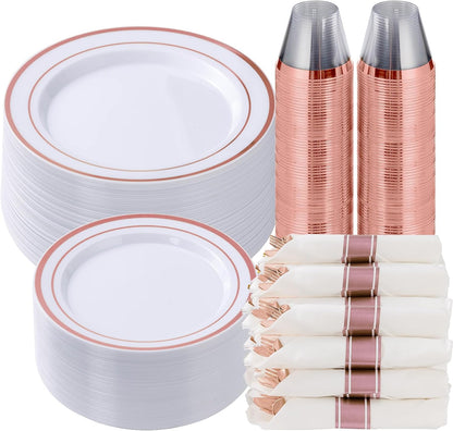 Goodluck 350 Piece Silver Plastic Dinnerware Set for 50 Guests, Fancy Disposable Plates for Party, Include: 50 Dinner Plates, 50 Dessert Plates, 50 Pre Rolled Napkins with Silver Silverware, 50 Cups