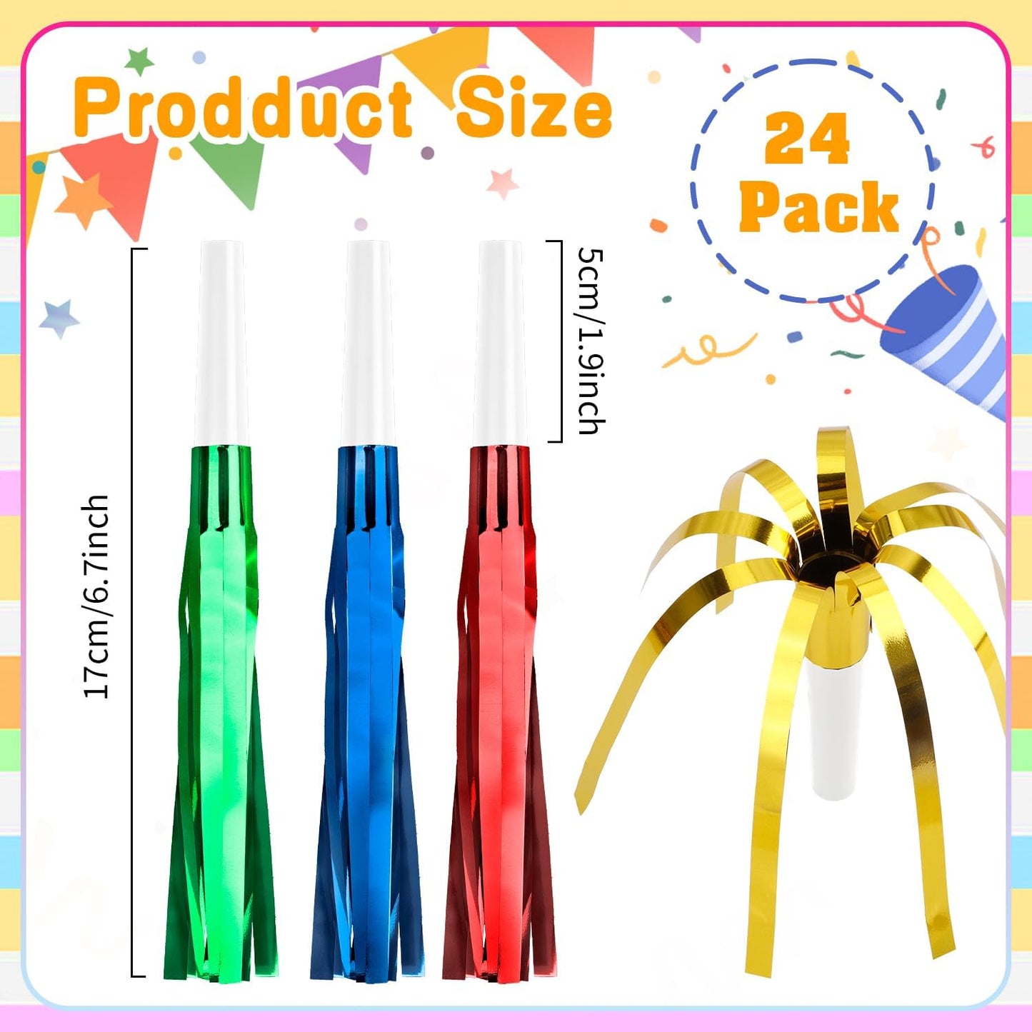 Noise Makers, 24 PCS Gold Noise Makers, Glitter Metallic Fringed Party Blowers Noisemakers Horns for Adults for Birthday Sporting Events Christmas 2025 New Year Eve Party Favor Supplies Decorations
