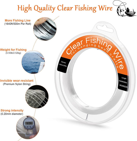 Clear Fishing Line Wire 755 ft, Invisible Monofilament Fishing Line Wire, Nylon String for Hanging Balloons Garland Crafts Picture Decorations, Clear String Threads Cords WUINOID