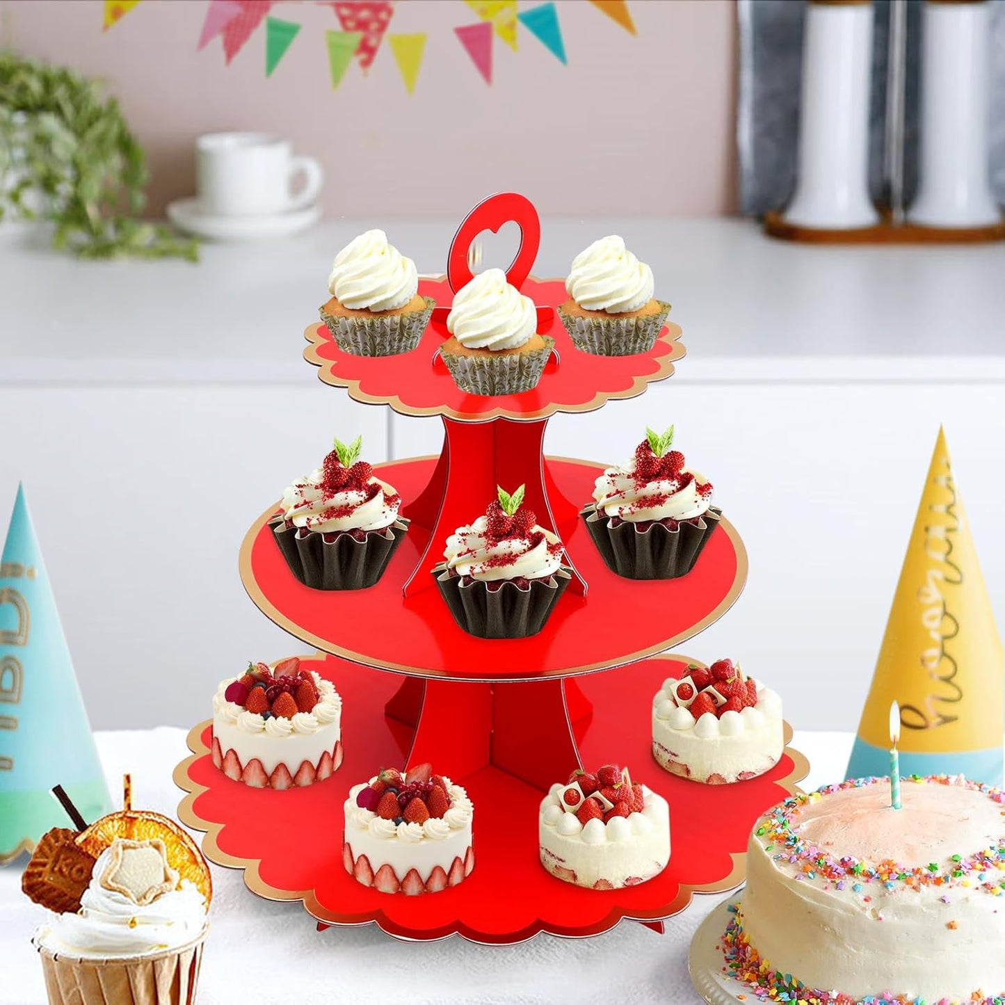 Soleebee 3-Tier Cupcake Stand, Cardboard Cupcake Tower, Cup Cake Stand Tower for Birthday Wedding Party Decoration, Cupcake Tier Stand Desserts Display 1 Set (Purple Gold)