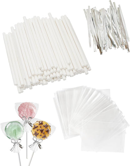 4-inch White Lollipop Sticks and Bags Set, 100Pcs Paper Candy Sticks,100Pcs Clear Bags, 100Pcs Twist Ties for Hard Candy, Chocolate, Cookie, Dessert (Gold)