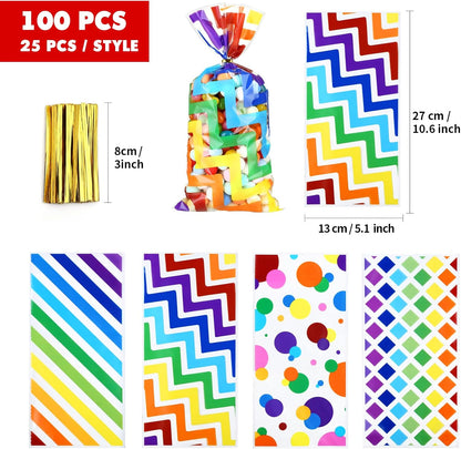 Kesote Rainbow Cellophane Treat Bags, 100 Pieces Printed Plastic Gift Goodie Candy Treat Bags with Ties for Summer Kids Birthday Party Favor Supplies